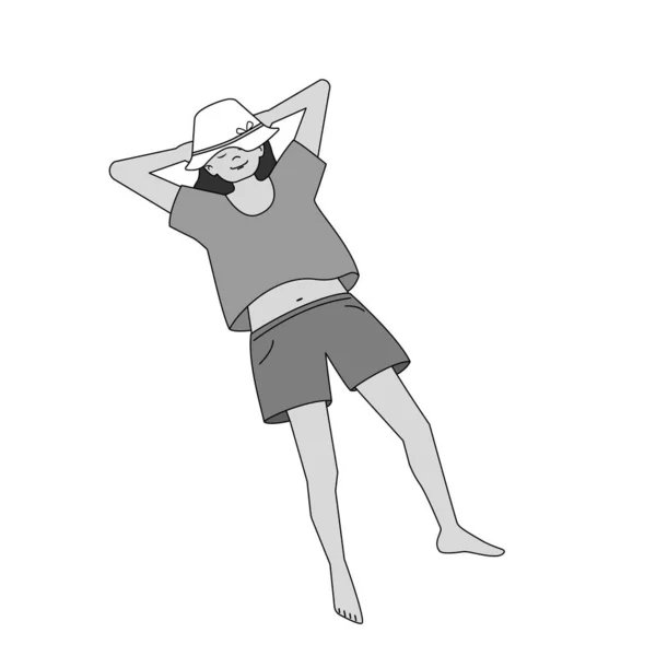 夏の服を着た少女 フルアウトラインスタイルでベクトル絶縁グレースケールイラスト — ストックベクタ