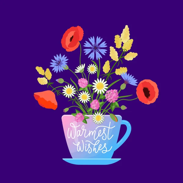 Bouquet Fleurs Prairie Dans Tasse Avec Lettrage Illustration Vectorielle Couleur — Image vectorielle