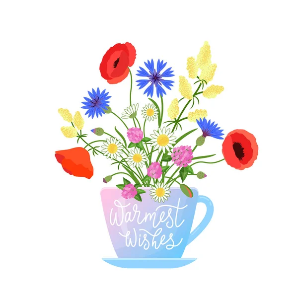 Bouquet Meadow Flowers Cup Lettering Vector Color Isolated Illustration Can — Image vectorielle