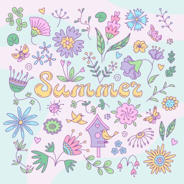 İçinde kelebekler ve kuşlar olan bir çiçek kartı. Karalama biçiminde vektör rengi illüstrasyonu.