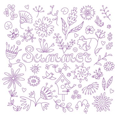 Kelebekli ve kuşlu yaz çiçeği boyama kartı. Çizim biçiminde izole edilmiş vektör illüstrasyonu.