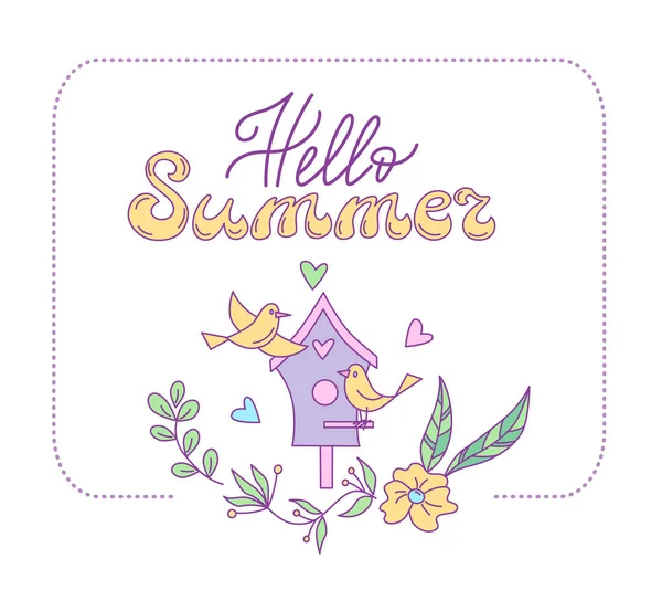 Summer Floral Lettering Design Birdhouse Birds Vector Isolated Color Illustration — Stock Vector