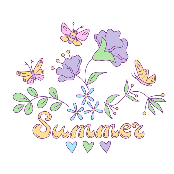 Zomer Bloemen Belettering Ontwerp Met Vlinders Vector Geïsoleerde Kleurenillustratie Doodle — Stockvector
