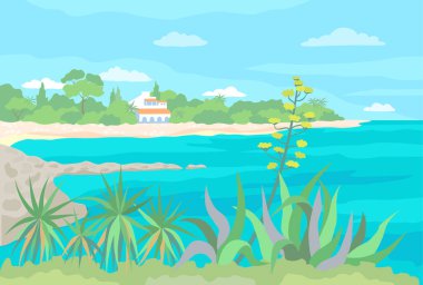 Yaz deniz manzarası. Çiçek açan agave ve yukka ön planda yetişir. Arka planda bir sahil ve deniz kıyısında bir kulübe var. Vektör renk illüstrasyonu