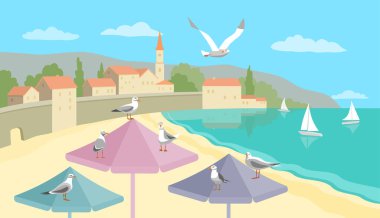 Deniz manzaralı yatlar, evler ve martılı plaj şemsiyeleri. Peyzaj yazı renk çizimi.