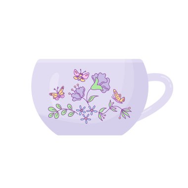 Çiçek çizimleriyle süslenmiş bir kupa. Vektör rengi izole edildi.