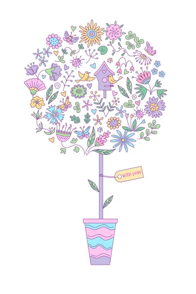 具有涂鸦风格的花卉元素的树 用涂鸦风格表示的矢量隔离彩色图像 — 图库矢量图片