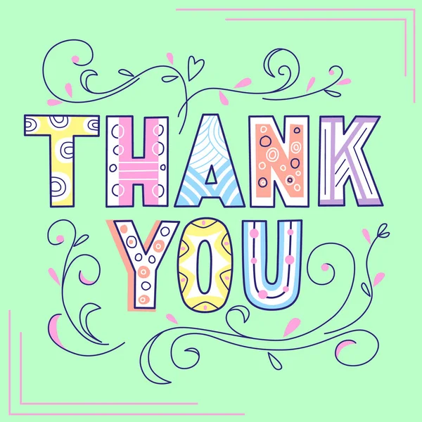Thank You Lettering Doodle Style Vector Multicolor Illustration Light Green — Stock Vector