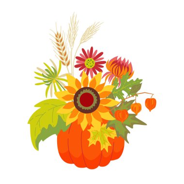 Balkabaklı güz çiçeği kompozisyonu. Vektör izole renk illüstrasyonu