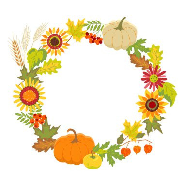 Round frame of floral autumn design with pumpkins. Vector isolated color illustration.	