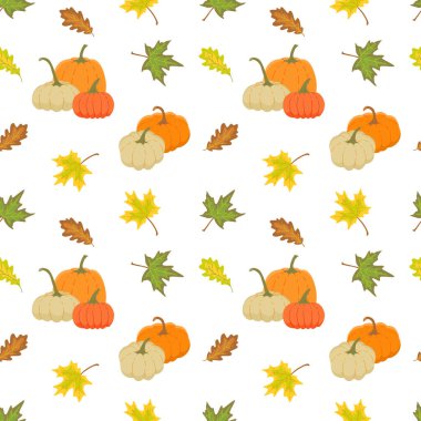 Kabak, akçaağaç ve meşe yapraklarıyla kusursuz desen. Beyaz arkaplanda vektör rengi çizimi.