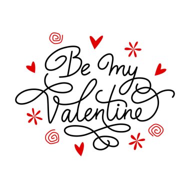 Benim sevgililer günü mektubum ol. Monolin tarzında olsun. Kalplerle, çiçeklerle ve spirallerle süslenmiş. Vektör izole illüstrasyonu.