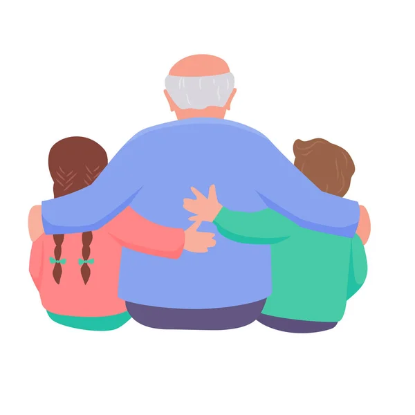 Grandfather is hugging a granddaughter and grandson. Back view. Vector isolated color illustration.	