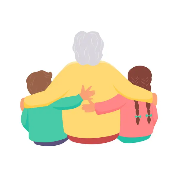Grandmother is hugging a granddaughter and grandson. Back view. Vector isolated color illustration.	