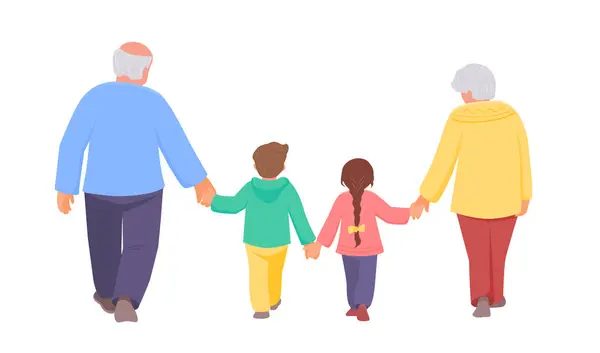 Grandparents are walking together with grandchildren. Back view. Vector isolated color illustration.	