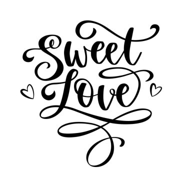 Tatlı Aşk harfleri, kaligrafi stiliyle süslü kalplerle süslenmiş. Vektör izole illüstrasyonu.