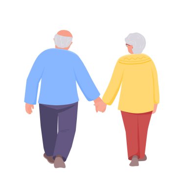 Senior woman and man walk holding hand. Back view. Vector isolated color illustration in flat style.	