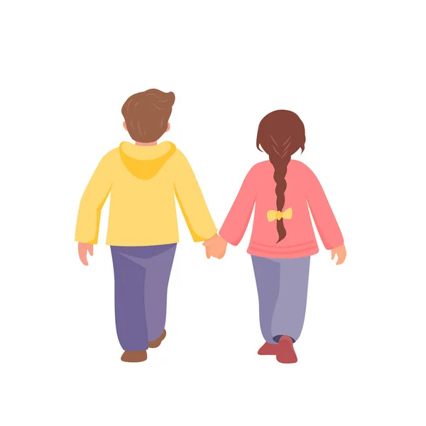 Girl Boy Walk Holding Hands Back View Vector Isolated Color — стоковый вектор