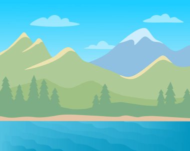 Dağlarla, göllerle ve ormanlarla dolu bir manzara. Vektör renk illüstrasyonu.