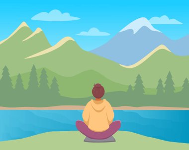 Kadın, göl kenarındaki dağ manzarasına bakarak meditasyon yapıyor. Vektör renk illüstrasyonu 
