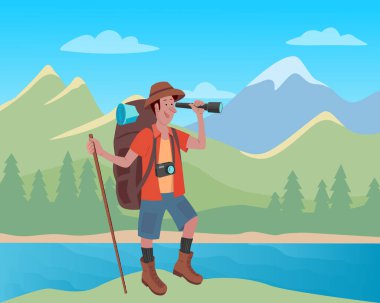 Sırt çantalı neşeli gezgin teleskopa bakıyor. Dağlarla, göllerle ve ormanlarla dolu bir manzara. Vektör renk illüstrasyonu.