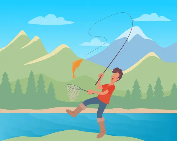 Pescador Alegre Pegou Peixe Paisagem Com Montanhas Lago Floresta Ilustração — Vetor de Stock