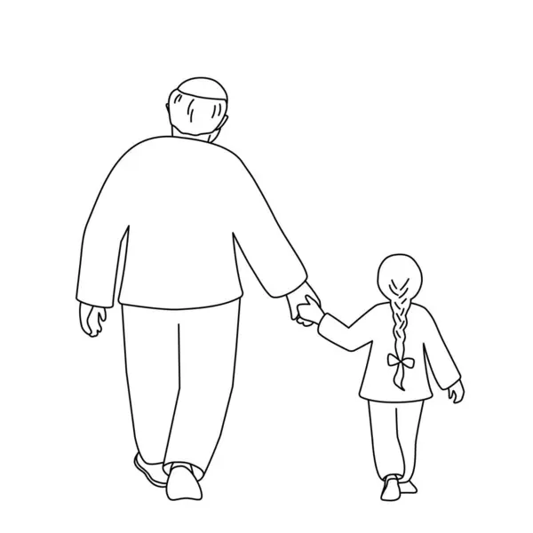 Grandfather Granddaughter Walk Holding Hands Back View Vector Isolated Illustration — Image vectorielle