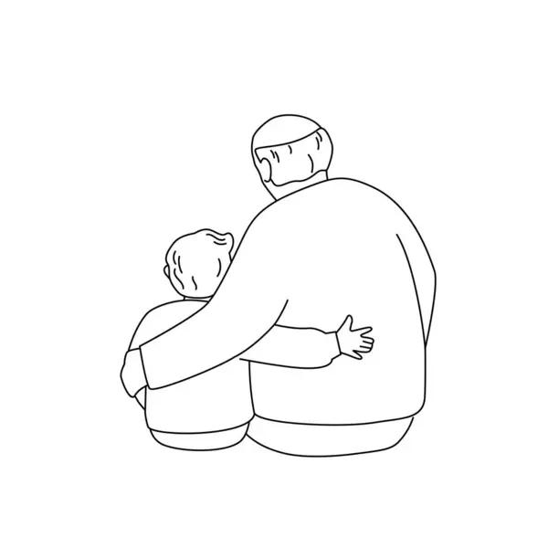 祖父は孫を抱きしめている バックビュー ラインアートスタイルのベクトル分離イラスト — ストックベクタ