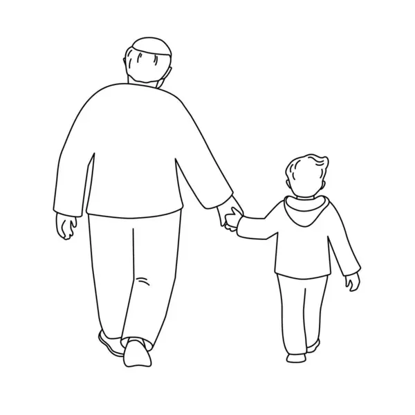 Grand Père Petit Fils Marchent Tenant Main Vue Derrière Illustration — Image vectorielle
