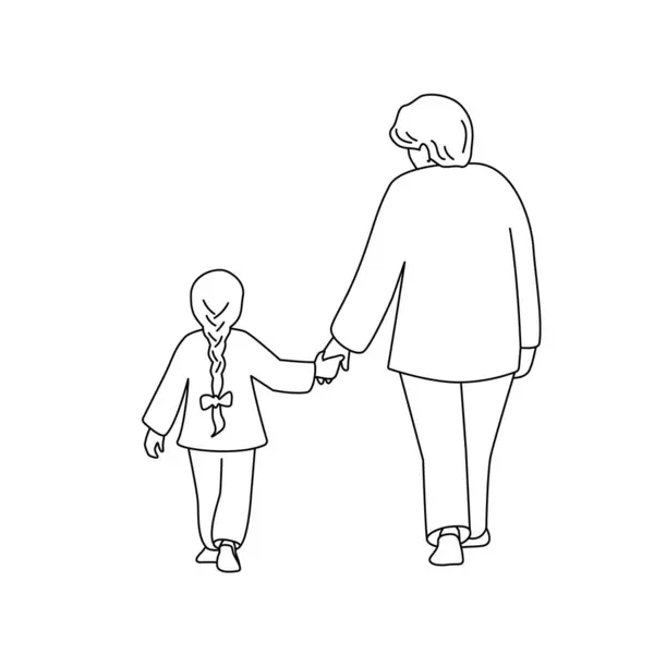Grand Mère Petite Fille Marchent Tenant Main Vue Derrière Illustration — Image vectorielle