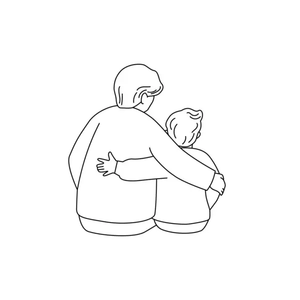 祖母は孫を抱きしめている バックビュー ラインアートスタイルのベクトル分離イラスト — ストックベクタ