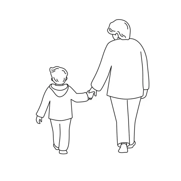 Grand Mère Petit Fils Marchent Tenant Main Vue Derrière Illustration — Image vectorielle