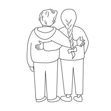 A girl and a boy stand hugging each other. Back view. Vector isolated illustration in line style.	