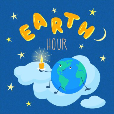 Dünya Saati posteri. Kawaii tarzında Dünya gezegeni, mumu tutan bulutların üzerinde oturuyor. Düz biçimli vektör renk illüstrasyonu.