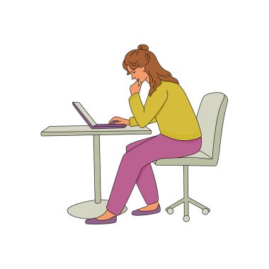 Woman is working at a laptop. Vector color isolated illustration in filled outline style.	