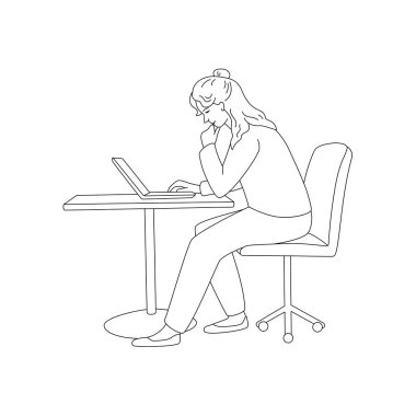 Woman is working at a laptop. Vector isolated illustration in  outline style.	