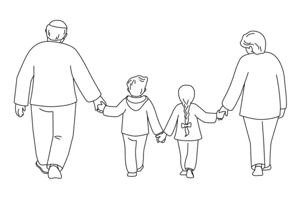 Grandparents Walking Together Grandchildren Back View Vector Isolated Illustration Line — Vetor de Stock