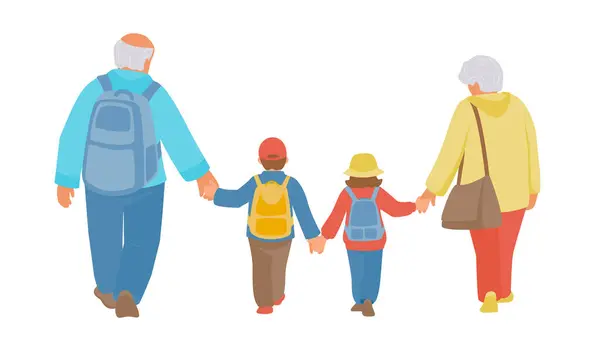 Grandparents Grandchildren Backpacks Walking Back View Vector Isolated Color Illustration — Stockvector
