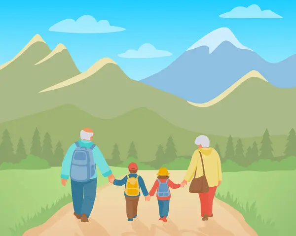 Grandparents Grandchildren Backpacks Traveling Mountains Landscape Back View Vector Isolated — Image vectorielle