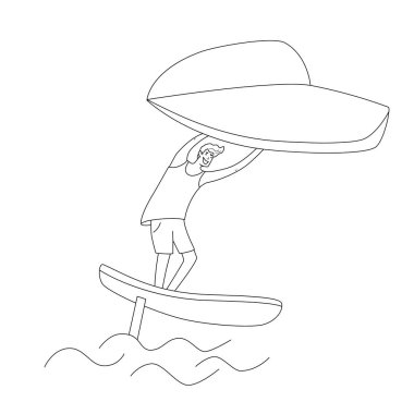 Tahtada duran bir adam, bir kanadı tutar ve tahtayı suyun karşısına geçirir. Kanat yalama sporu. Satır biçiminde izole edilmiş vektör illüstrasyonu.