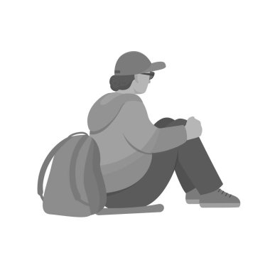 Sırt çantalı bir turist oturuyor. Yan görüş. Düz biçimde izole edilmiş gri tonlu vektör çizimi.