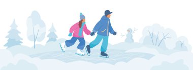 Pistte el ele tutuşan kızla paten yapan çocuk. Düz biçimli vektör renk illüstrasyonu.