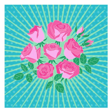 Pembe güllü ve dokulu arkaplanlı tebrik kartı. Düz çizgi sanat tarzında vektör renk illüstrasyonu. 