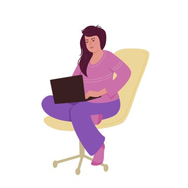 A woman is sitting on a chair and typing on a laptop. Vector color isolated illustration in flat style.	