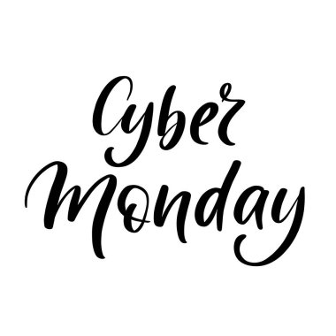 Siber Pazartesi Mektupları, beyaz arka planda siyah harfler. El yazısı yazı stili. Poster, pankart, ikon alışverişi ve indirim günü için