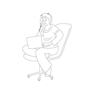 A woman is sitting on a chair and typing on a laptop. Vector isolated illustration in outline style.	