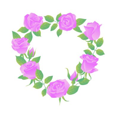 Kalp şeklinde mor gül çelengi. Düz biçimli, gradyan ile izole edilmiş vektör rengi 