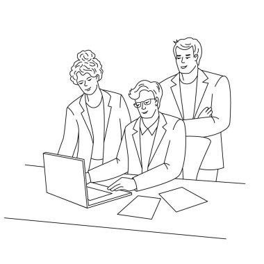 Gözlüklü bir iş adamı dizüstü bilgisayarda çalışıyor. İş adamı ve kadın ayakta dizüstü bilgisayara bakıyor. Satır sanat tarzında vektör illüstrasyonu