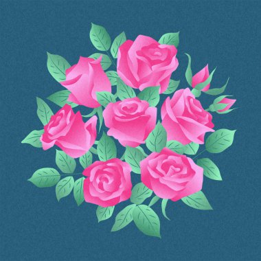 Pembe güllü tebrik kartı. Düz stil ve gradyanlı vektör rengi çizimi. 