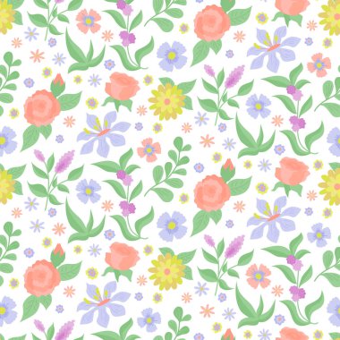 Floral seamless pattern with roses. Vector color illustration on the white background in in flat style.	